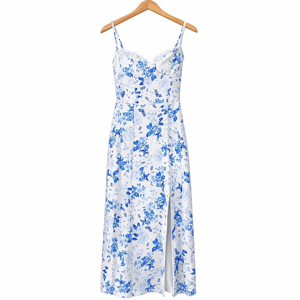 Hawthaw Blue & White Floral Midi Dress | Romantic Garden Party Dress